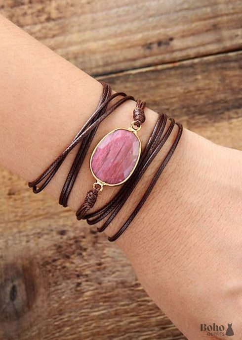 Pulsera Boho, Pulsera de Cuerda, Cuarzo Rosa